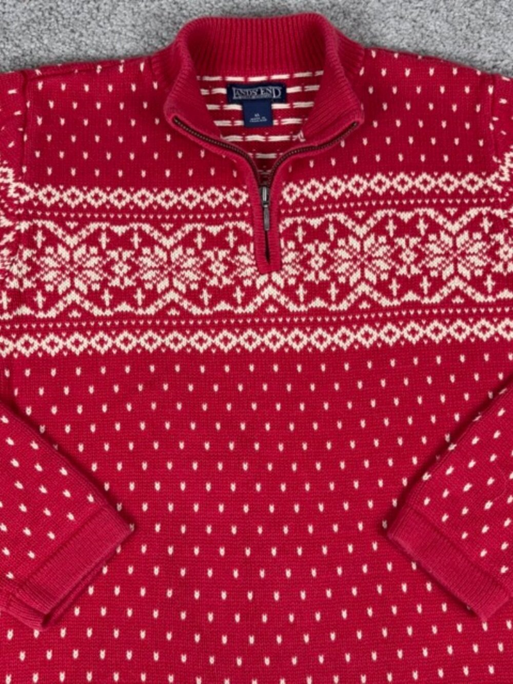 Lands End Fair Isle Style Sweater Red White Nordic Christmas 1/4 Zip Size XL